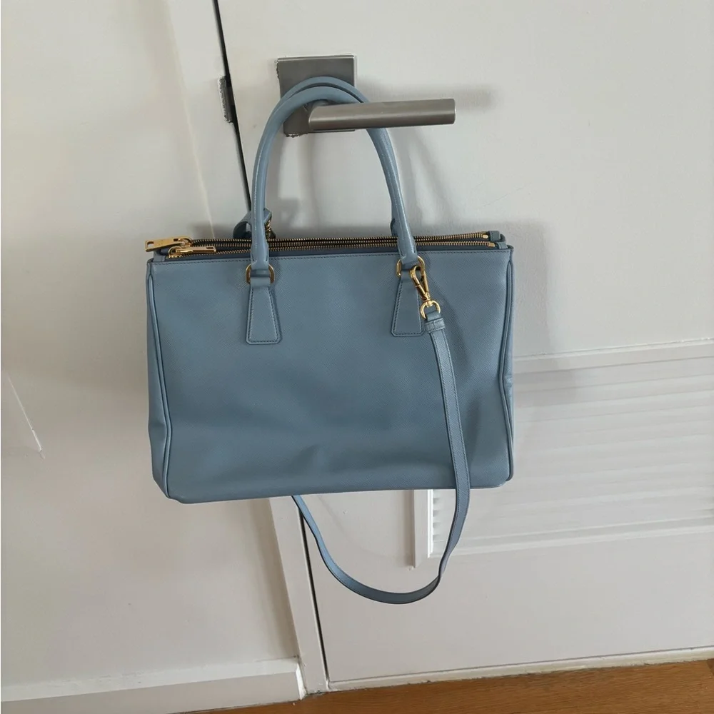 Prada Saffiano Large Double Zip Tote in Powder Blue (“Astrale”) Gold Hardware